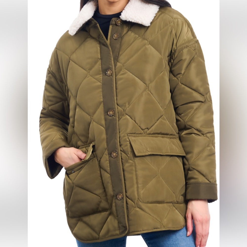 Lucky Brand Olive Quilted Puffer Coat with White Sherpa Collar